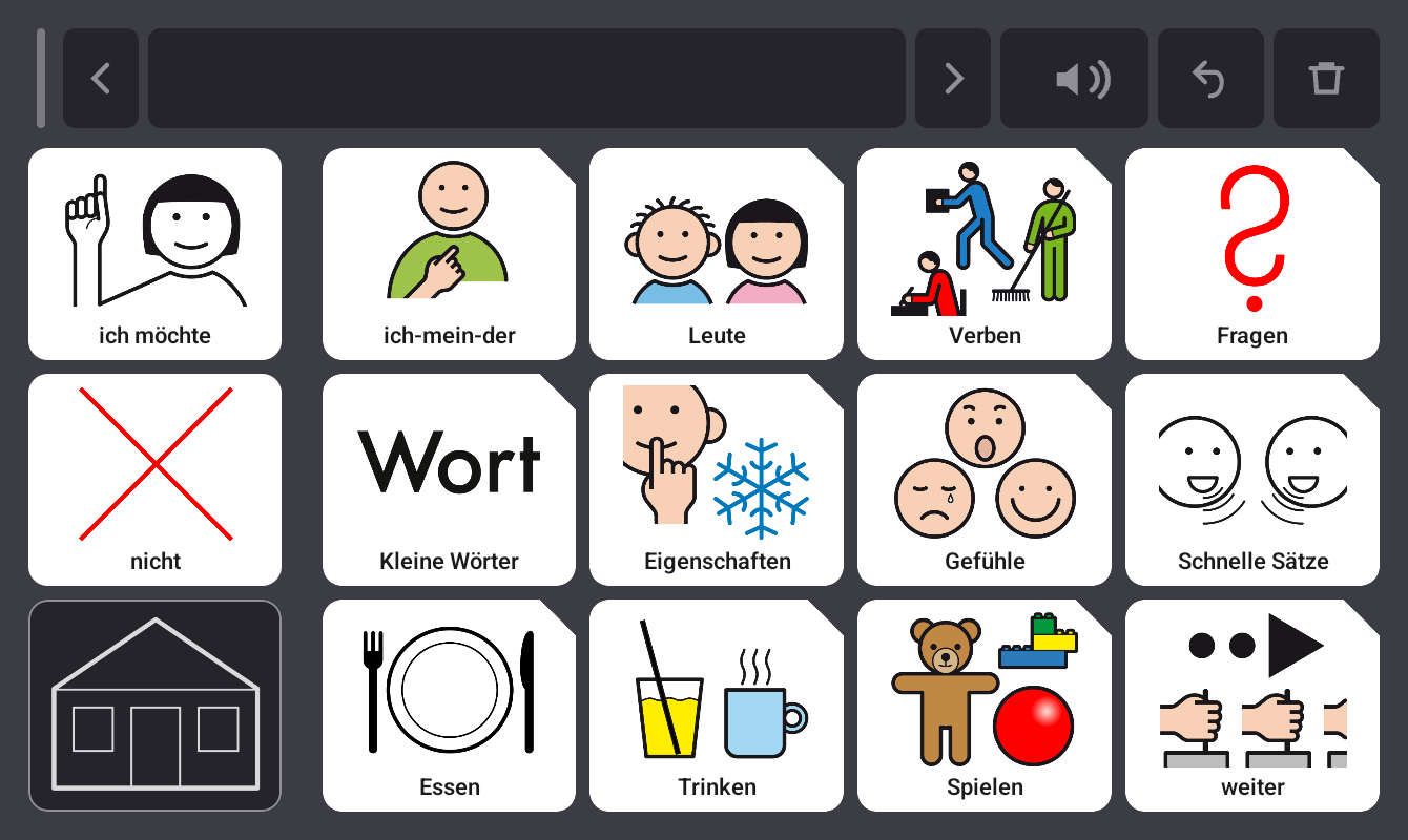 Die App auf dem Tablet: eine Seite mit fünfzehn Tasten, darüber die Zeile für den entstehenden Satz.